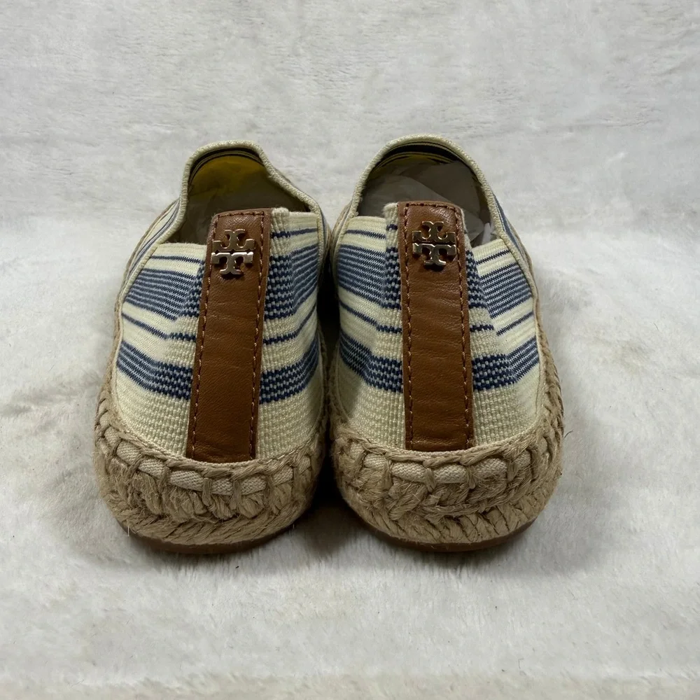 Tory Burch Striped Canvas Espadrille Flats Cream Blue Brown Slip On Shoes 9